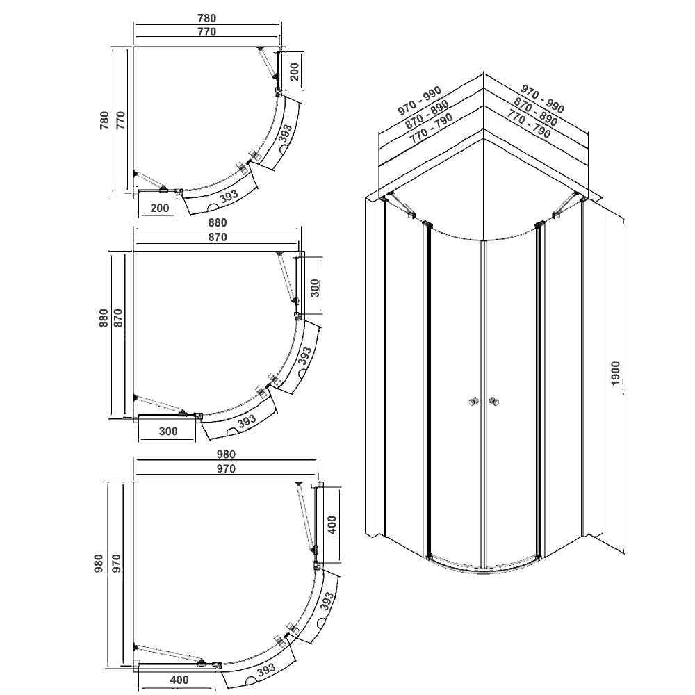 Dimensions cabine de douche PIVOTY 3